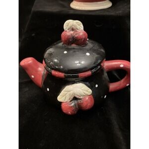 Vtg Mary Engelbreit Bkack & Red Polka Dot Cherry Teapot Candle Holder New Unused